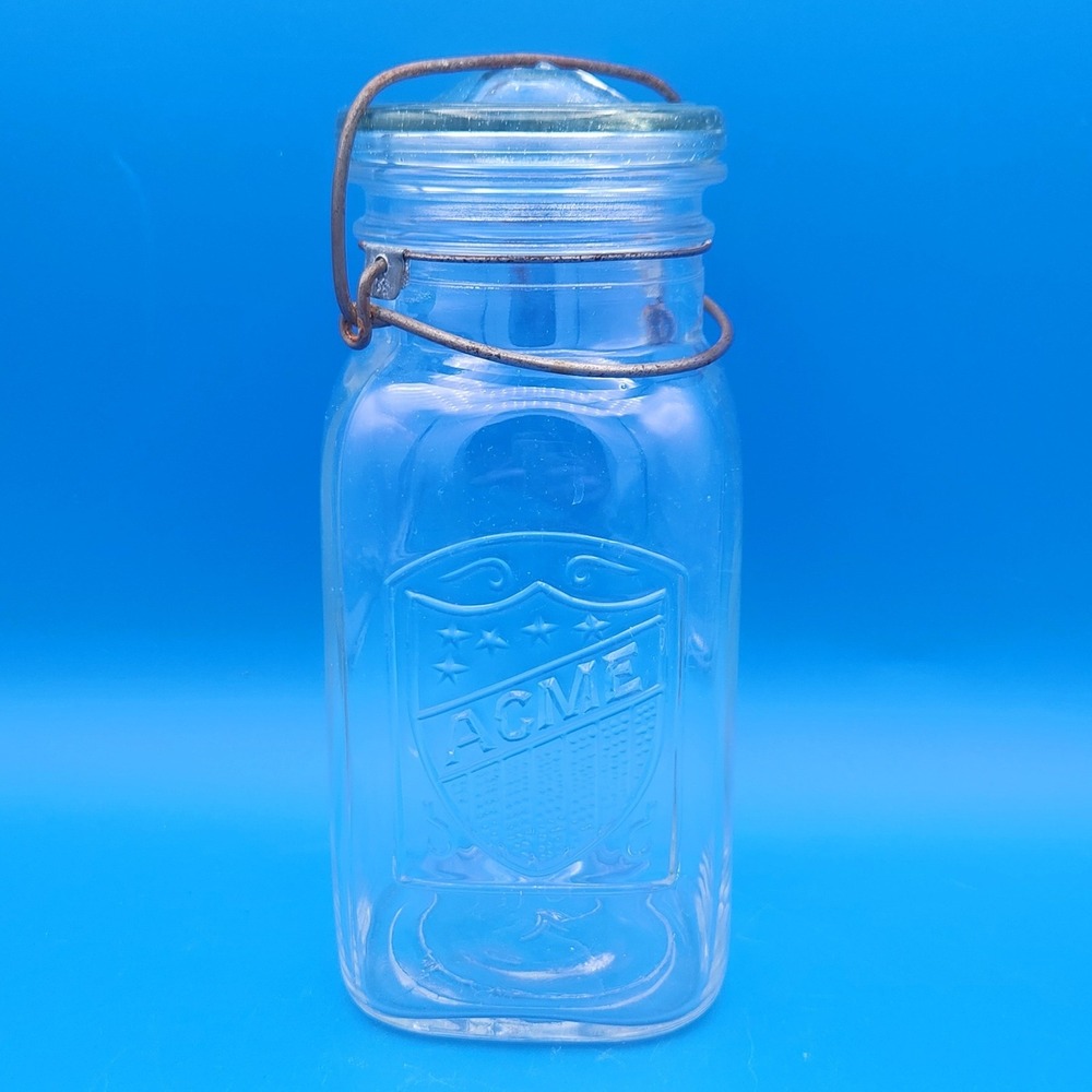 Vintage 1920's Acme Wire Bale Glass Top Storage Canning Jar - Lid cracked